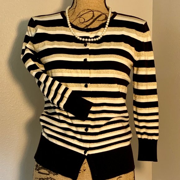 Nue Options Sweaters - Black/white/gold button up lightweight sweater – S